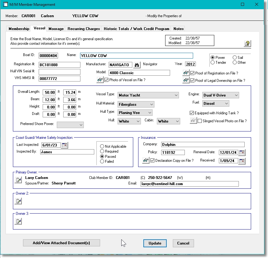 Showing Boat properties from the Marina Mate Marina Management software