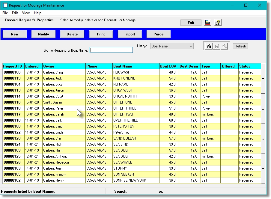 Request for Moorage Grid Screen
